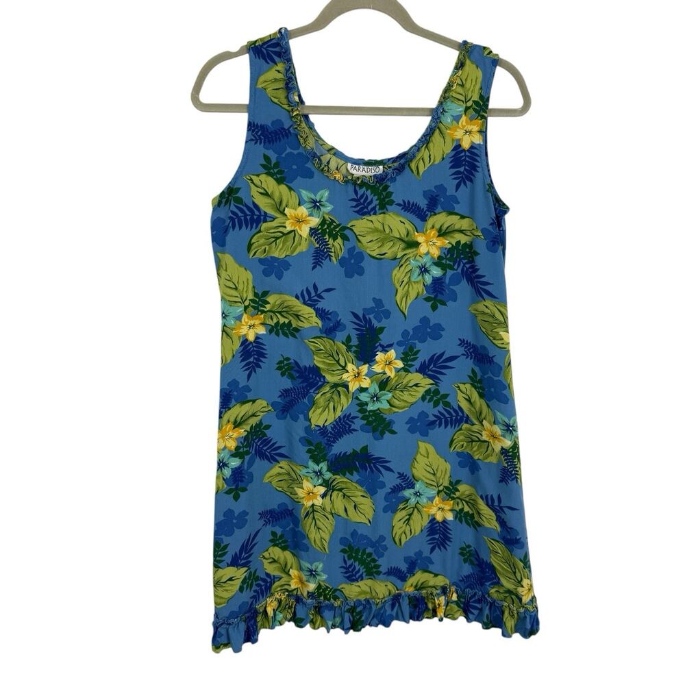 Paradiso Hawaiian Tank Dress Size Medium Blue Floral Rayon Ruffle Scoop Neck